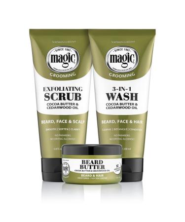 Soft-Sheen Carson Magic Beard Grooming Kit for Men with Cedarwood Oil- Beard Butter, Scrub and Cleanser- Gift Set for Beard, Face & Hair Care, 1 kit