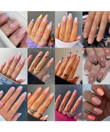 12 Packs (288 Pcs) Press on Nails Medium and Short Misssix Short Fake Nails Glue on False Nails Almond and Square with Nail Glue for Women Design Press on Nails Set GE