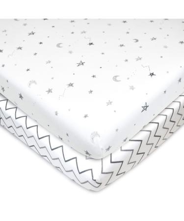 TL Care 2 Pack Printed 100% Natural Cotton Jersey Knit Fitted Pack N Play Playard Sheet, Gray Star/Gray Zigzag, Soft Breathable, for Boys and Girls Gray Star Zigzag
