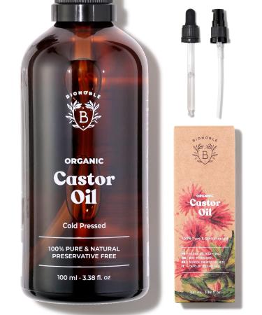 Bionoble Organic Castor Oil 100ml - 100% Pure Natural Cold Pressed - Lashes Eyebrows Body Hair Beard Nails - Vegan Cruelty Free - Glass Bottle + Pipette + Pump