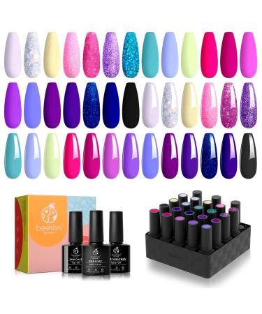 Beetles 20 Gel Nail Polish Kit Midnight Euphoria Collection Purple Blue Hot Pink Glitter Gel Polish Set Soak off Glossy & Matte Top Base Coat Nail Art Design Valentine's Day Gifts for Women Girls B-Midnight Euphoria