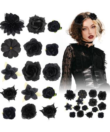 21 Pieces Flower Hair Clips Rose Flower Hair Barrettes Boho Bride Claw Clip Hawaiian Artificial Flower Hairpin Clip Brooch Pin Headpiece Hair Accessories for Girls Wedding Party Halloween (black)