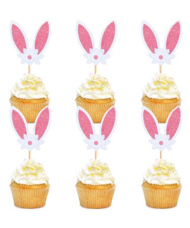 30 PCS Easter Cupcake topper Bunny Cupcake Toppers Easter Egg Cupcake Topper Rabbit Easter Party Cake Topper Decorations (Brown) (Bunny Ear flower)
