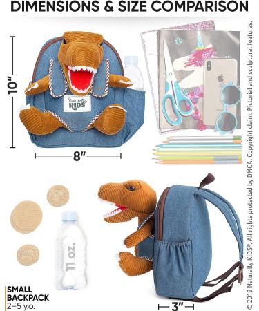 Naturally KIDS Small Dinosaur Backpack - Toddler Boy Girl Backpack with Stuffed Animal - Gifts for 3 Year Old - Brown T Rex Design - Buy Online on SooperMarket.com