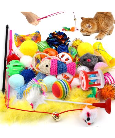 QUOZUO Cat Toys Kitten Toys Assortments 32 Packs Interactive Cat Toy Variety Pack for Kitty Cat Wand toy Cat Crinkle Balls with Bells Cat Spring Toy Catnip Toys for Indoor Cats Kittens