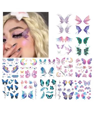 14 Sheets Glitter Butterfly Temporary Tattoos Sticker for Women Girls Eye Face Makeup Decoration  Flash Fairy Wings Body Art Shiny Butterflies Waterproof Fake Tattoos for Festival Party Eye Decor