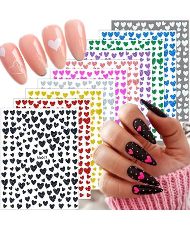 Taicols 10 Sheets 3D Design Nail Stickers Glitter Heart Nail Stickers Self-Adhesive Valentine's Day Nail Stickers Shiny Love Heart Nail Stickers DIY Nail Art Nails Decoration for Women Girls