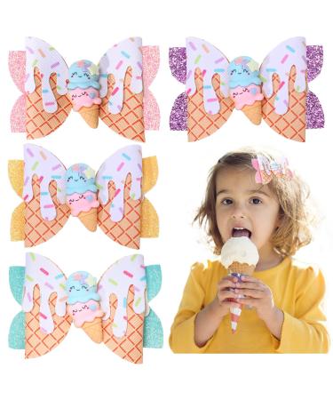 Whaline Ice Cream Glitter Bow Hair Clips 4Pcs Summer Hair Bow Barrette Colorful PU Leather Hairgrips Sparkly Alligator Hair Clips for Girls Women Hair Accessories Birthday Party Ball Supplies