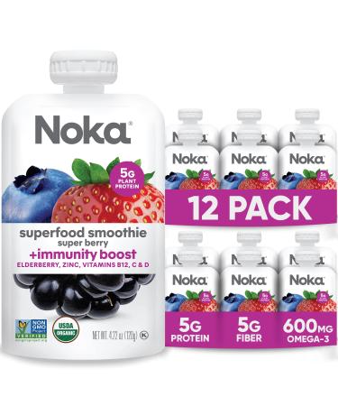 Noka Immune Support Fruit Smoothie Pouches, Healthy Snacks (Super Berry) 12 Pack, Vegan, Gluten-Free, with Flax Seed & Plant Protein, Vitamin C, D & B12, Elderberry, Zinc, Organic, 4.22oz Super Berry 4.22 Ounce (Pack of 12)