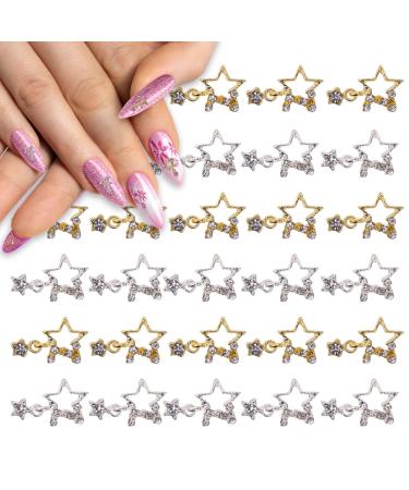 Lusofie 30Pcs Star Nail Charms 3D Stars Rhinestones Nail Charms Silver Gold Nail Charms Shiny Alloy Star Nail Gems Dangling Star Nail Charm for Nails Designs Nail Accessories DIY
