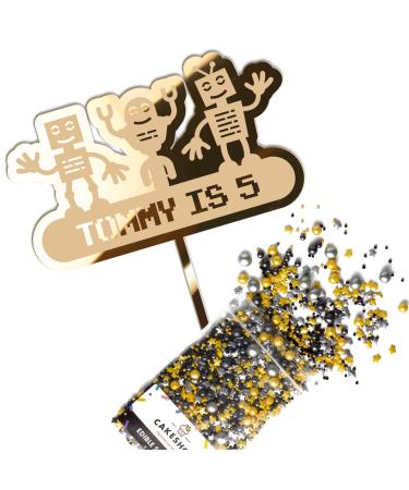 Cakeshop Cake Decoration Pack | Robot Alien Birthday Premium 3mm Mirror Acrylic Plastic Cake Topper Sign & 25g Party Pack of Cake Sugar Sprinkles | Custom Name & Age Cake Decorations (Gold) Non-Prime Mirror Acrylic: Gold