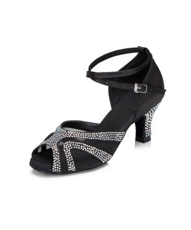 TTdancewear Rhinestones Ballroom Dance Shoes Women Latin Salsa Bachata Performance Dance Shoes Suede Sole 8.5 Black-2.5inch Heels