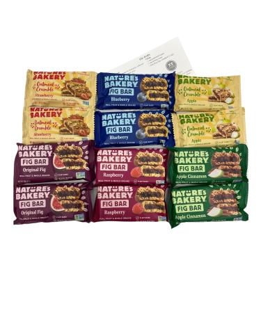 Natures Bakery Whole Wheat Real Fruit Snack Fig Bars Variety Bundle: (2) each, Oatmeal Crumble Strawberry, Original Fig, Blueberry, Raspberry, Oatmeal Crumble Apple, Apple Cinnamon & ThisNThat Recipe Card