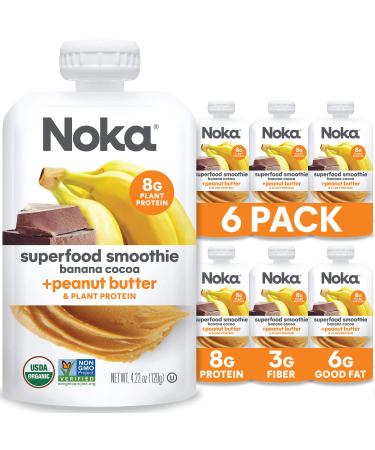 Noka Superfood Fruit & Nut Butter Smoothie Pouches, Healthy Snacks (Banana Cocoa Peanut Butter) 6 Pack, Vegan, Plant Protein, Gluten-Free, Organic, Meal Replacement Squeeze Packs, 4.22oz Ea Banana Cocoa Peanut Butter 4.22 Ounce (Pack of 6)