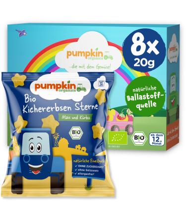 Pumpkin Organics Children's snack organic chickpeas star corn and pumpkin (8 -pack) baby snacks without additives from the 12th month - allergen -free and gluten -free crispy snacks for children (8x20g) organic chickpea stars with corn & pumpkin