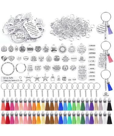 350Pcs Motivational Keychain Accessories Set with 50 Engraved Inspirational Words Charms  50 Leather Keychain Tassels  50 Keyring with Chain  200 Open Jump Rings for Keychain Making  DIY Crafting