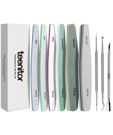 Teenitor Emery Boards Nail Files with Toenail Lifters & File Set 6pcs Professional Nail Buffer Block with Cuticle Pusher Toenail Lifter & Nail Cuticle Fork 100/180/240 Grit Nail Shiner for Polishing