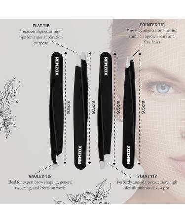 Renzox 4pcs Tweezers for Facial Hair Women & Men Hair Removal Eyebrow Tweezers Professional Stainless Steel Black Color Coated tweezer Set Slanted & Pointed Tip for ingrown Hair with Leather Pouch - Buy Online on SooperMarket.com