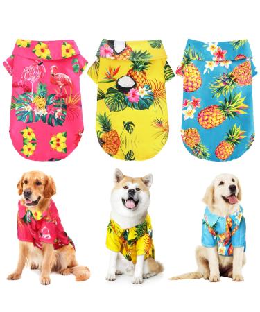 Whaline 3 Pieces Hawaiian Dog Shirts Breathable Summer Dog Cloth Pineapple Flamingo Pattern Pet Apparel Beach Short Sleeve Suit for Small to Large Dogs (Blue, Yellow, Rose Red), 4XL