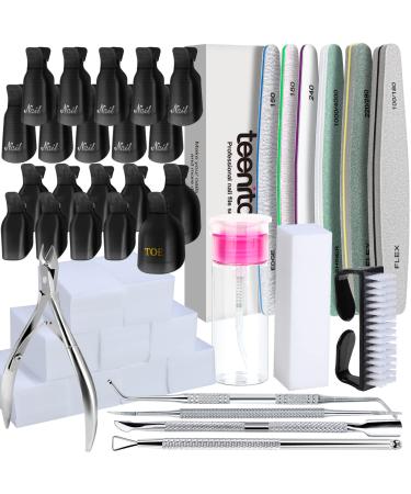 Gel Nail Polish Remover Kit Teenitor Nail File and Buffer Set with Nail Remover Wraps Cuticle Nippers Cuticle Pusher Cuticle Peeler Toenail Lifter Soak off Nail Clip Set for Toe Manicure Black
