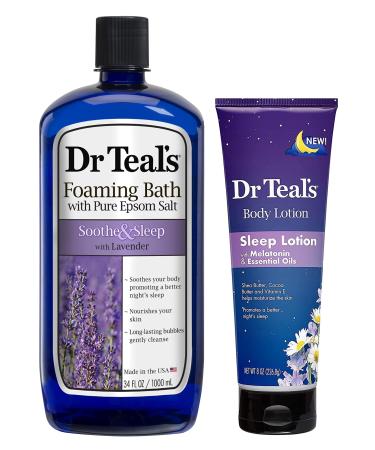 Dr Teal's Foaming Bath & Body Lotion Mothers Day Gift Set (2 Pack, 42oz Total) - 34oz Soothe & Sleep Lavender Foaming Bath & 8oz Nighttime Therapy Melatonin Body Lotion - For a Better Nights Sleep