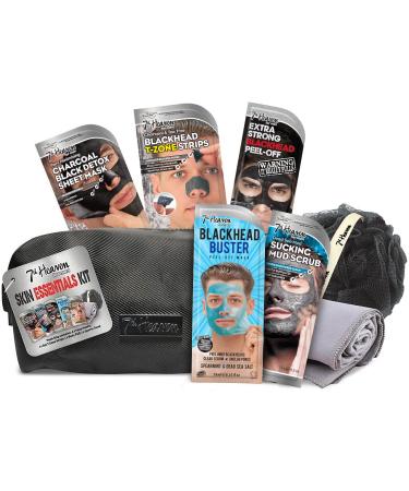 7th Heaven Men's Skin Essentials Gift Set with 4 Face Masks and 1 Set of T-Zone Pore Strips - Includes Black Wash Bag Exfoliating Body Puff and Grey Sports Towel