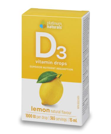 Platinum Naturals - Easy Absorb D3 Drops for Adults - Lemon Flavored 15ml - High Potency Liquid Vitamin D Supplement 1000 IU per Drop - Supports Overall Wellness - Easy-to-Use Dropper