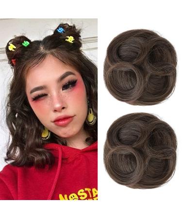 REECHO Space Bun Hair Pieces 2 PCS Mini Claw Clip in Messy & Cat Ears Fake Hair Bun Extensions Wig Accessory Updo Hairpieces for Women Girls (Pack of 2-3.5" Wavy Medium Ash Brown) Pack of 2 - 3.5" Wavy Medium Ash Brown