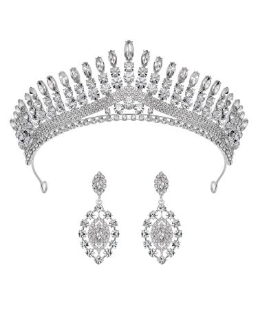 SWEETV Tiara Crown for Women 2-Pack Wedding Tiara Earrings Crystal Queen Crown Princess Hair Accessory Bride Jewelry Set Silver
