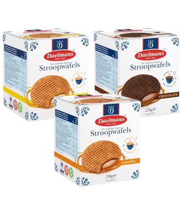 Dutch Stroopwafel 3 Flavour Variety Bundle - Contains Daelmans Caramel (230g x 1) Honey (230g x 1) & Chocolate (224g x 1)