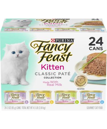 Purina Fancy Feast Grain Free Pate Wet Kitten Food Variety Pack Kitten Classic Pate Collection 4 flavors - (24) 3 oz. Boxes