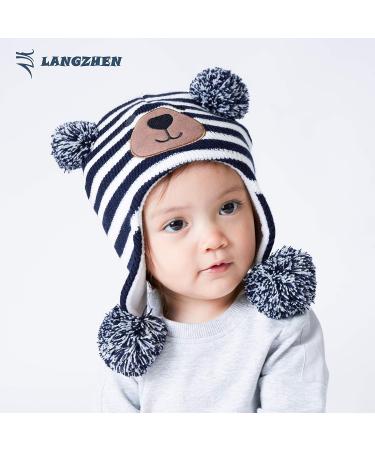 LANGZHEN Infant Winter Hat Earflap Knit Fleece Lined Beanie for Boys Girls 6-12 Months - Navy Stripe + Grey - Buy Online on SooperMarket.com
