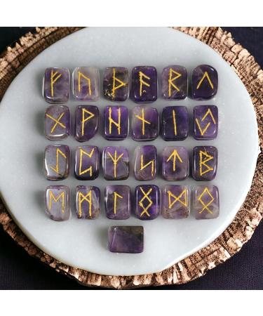 Amethyst Runes Crystal Rune Stones Set Elder futhark Viking Gemstone Reiki Healing Golden Engraved Runic Alphabets (Amethyst) - Buy Online on SooperMarket.com