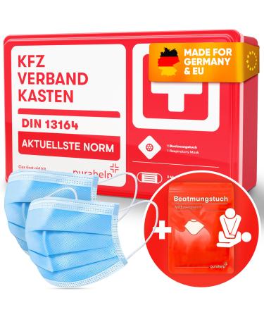 PURHELP KFZ first standard 2024 DIN 13164 (STVO compliant) - including ventilation 2x climbing strips - first aid set of car first aid car 2024 1 piece