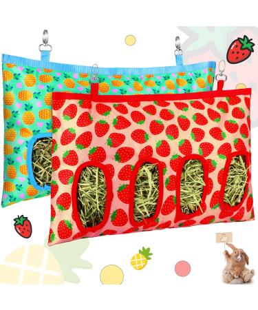 2 Pieces Rabbit Hay Bag Small Animals Hay Feeder Bag Hanging Feeding Storage Guinea Pig Hanging Feeder Sack with 4 Holes for Small Pets Rabbit Bunny Hamster Guinea Pig (Pineapple Strawberry)