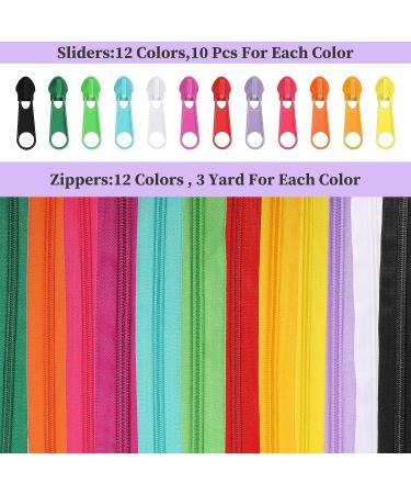 36 Yards 12 Small Nylon Zippers Assorted Colors with 120 Plastic Sliders - Sewing Supplies - Buy Online on SooperMarket.com