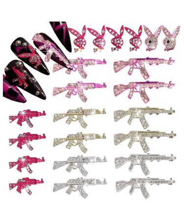 3D Gun Nail Charms for Acrylic Nails 22PCS Gold Silver Pink Alloy Rabbit Nail Art Rhinestones Decoration  Nail Gems Stones Diamonds Nail Jewels Accessories for Nail Art Supplies Manicure Craft DIY