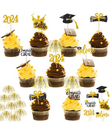 160 Pcs Graduation Firework Cupcake Toppers Set 100 Pcs 9 Inch Gold Foil Frill Firework Toothpicks and 60 Pcs Graduation Glitter Graduation Cupcake Topper for Graduation Party Cake Cocktail Food Fruit