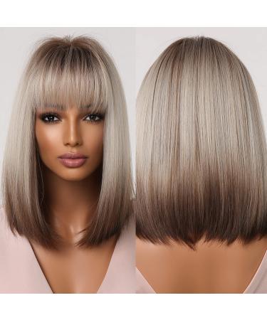 Allbell Brown Blonde Ombre Bob Wigs for Women Cosplay Wig with Bangs Dark Roots Gray Natural Hair Synthetic Wig