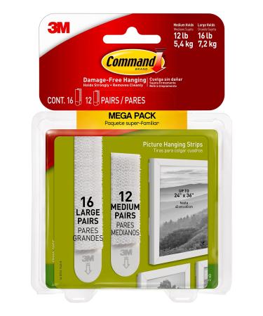 Command Medium and Large Picture Hanging Strips, Damage Free Hanging Picture Hangers, No Tools Wall Hanging Strips for Living Spaces, White, 12 Medium Pairs and 16 Large Pairs White 28 Pairs Standard Packaging