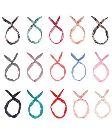 Tvoip 15PCS Vintage Broken Flowers Star Stripe Color 3 Styles Colors Lovely Girls Lady Rabbit Bunny Ear Ribbon Hair Band Wire Elastic Headband Wire Scarf Hair Accessories (random color)