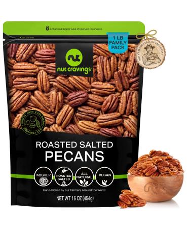Pecans Halves Roasted & Salted No Shell (16oz - 1 LB) Bulk Nuts Packed Fresh in Resealable Bag - Healthy Protein Food Snack All Natural Keto Friendly Vegan Kosher Pecans Roasted Salted 1 Pound (Pack of 1)