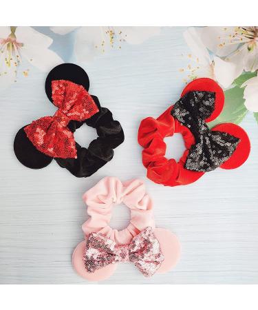 Mouse Ears Sequin Velvet Hair Scrunchies Set - Black, Red, Pink - Buy Online on SooperMarket.com