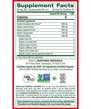 Traditional Medicinals Gypsy Cold Care Tea - 16 Caffeine-Free Wrapped Bags (0.99 oz) for Seasonal Relief - Buy Online on SooperMarket.com
