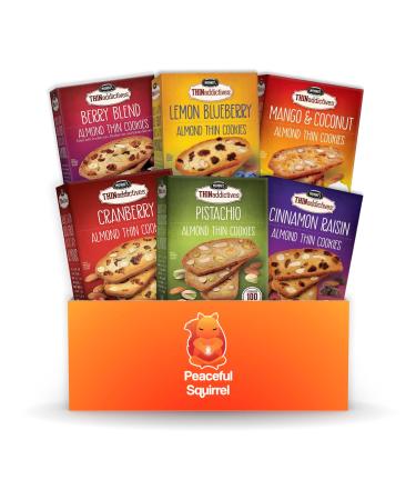 Peaceful Squirrel Variety, Nonni's THINaddictives, Almond Thin Cookies, Baked with Real Fruit - Variety of 6 Flavors, (1 Box of Each Flavor, 18 Cookies Per Box) On-The-Go Snack, 100 Calories, 4.4 Oz Each