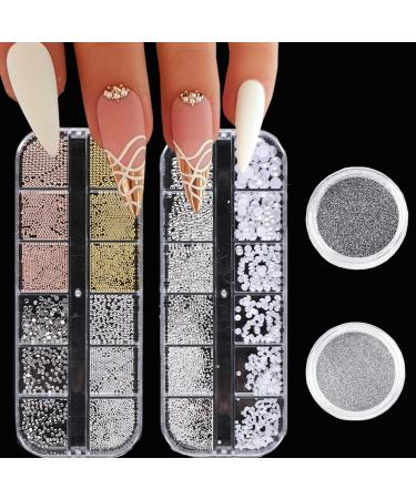 4 Boxes Nail Art Pearls Flatback Pearls Nail Charms Gold Silver White Half Round Nail Supplies Holographic Glitter Powder Nail Gems Rhinestones Accessories for Women Acrylic Nail Decorations Design Nail Rhinestones 01