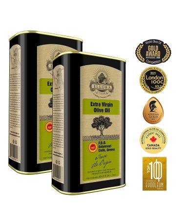 Ellora Farms  Global Gold Award Winner  Single Origin & Estate Traceable Extra Virgin Olive Oil  First-Cold Pressed  Certified PDO  Harvested in Crete  Greece  Kosher OU  1 Lt (33.8 oz.) Tins  Pack of 2 33.8 Fl Oz (Pack of - Buy Online on SooperMarket.com