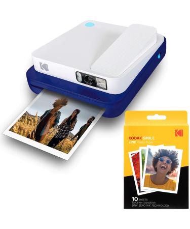 Kodak Smile Classic Digital Instant Camera with Bluetooth (Blue) w/ 10 Pack of 3.5x4.25 inch Premium Zink Print Photo Paper. Blue Camera + 10 Pk
