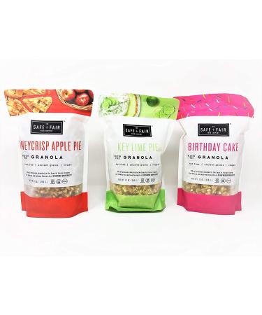 Safe + Fair Granola Bundle - Birthday Cake, Honeycrisp Apple Pie, Key Lime Pie (12oz, Pack of 3) - Gluten-Free, Vegan, Non-GMO - Buy Online on SooperMarket.com