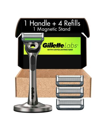 Gillette Mens Razor with Exfoliating Bar by GilletteLabs, Shaving Kit for Men, Includes 1 Handle, 4 Razor Blade Refills, 1 Premium Magnetic Stand 1 Handle + 4 Refills